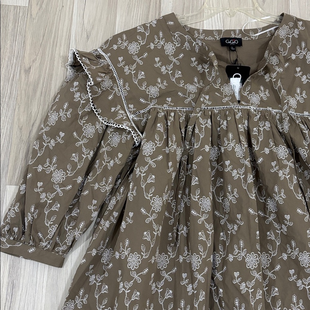 Gigio Vintage Floral Print Ruffle Sleeve Embroidered Dress Size L NWT‎ - Picture 4 of 14